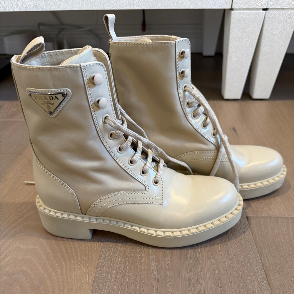 Prada Cream Leather Lace-Up Combat Boots with Logo Plaque